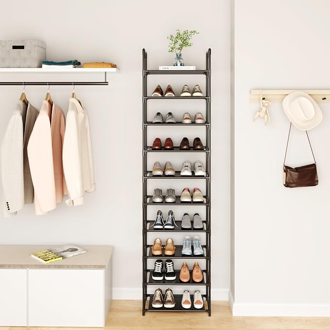 10-Tier Tall Shoe Rack for Closet, Entryway, Adjustable Sturdy Durable Shoe Shelf,Narrow Shoe Stand Organizer (17.2" W×10" D×72.8" H,Black)