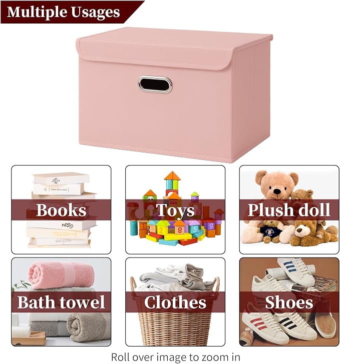 STOREONE Fabric Storage Cube Bins Foldable Organizer Container Collapsible Basket with Lids and Metal Handles, for Home, Bedroom, Closet 3 Pcs (multicolour-pink)
