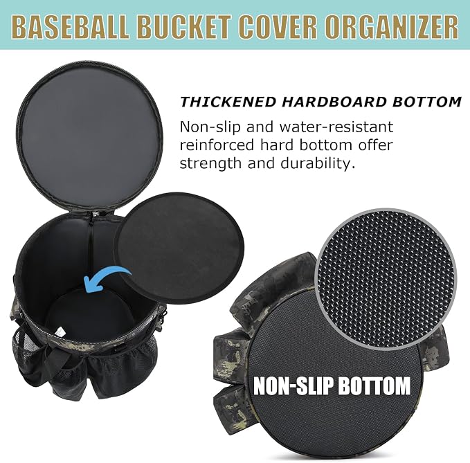 Baseball Bucket Bag Baseball Coaching Accessories Organizer Tactical Style Softball Bucket Bag with Anti-Slip Bottom, Multiple Pockets for Bat, Gloves, Scoreboards