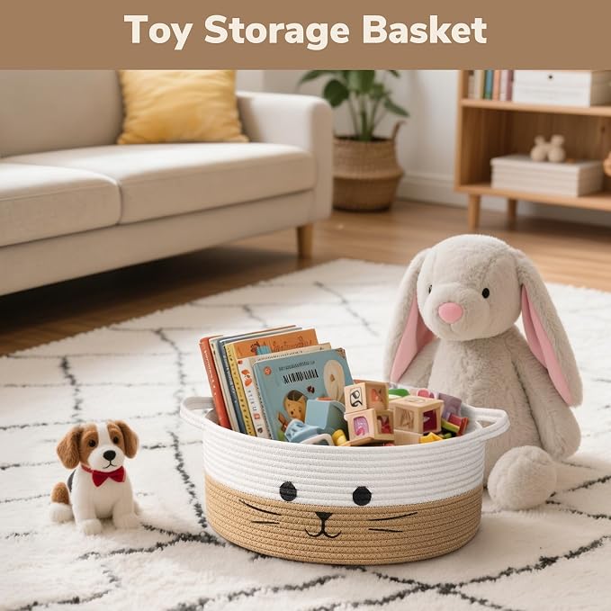 Cat Toy Basket, 13.8" x 6" Woven Baby Basket for Living Room, Medium Gift Baskets Empty, Cotton Rope Basket for Cat Bed Nursery Organizer, White & Jute