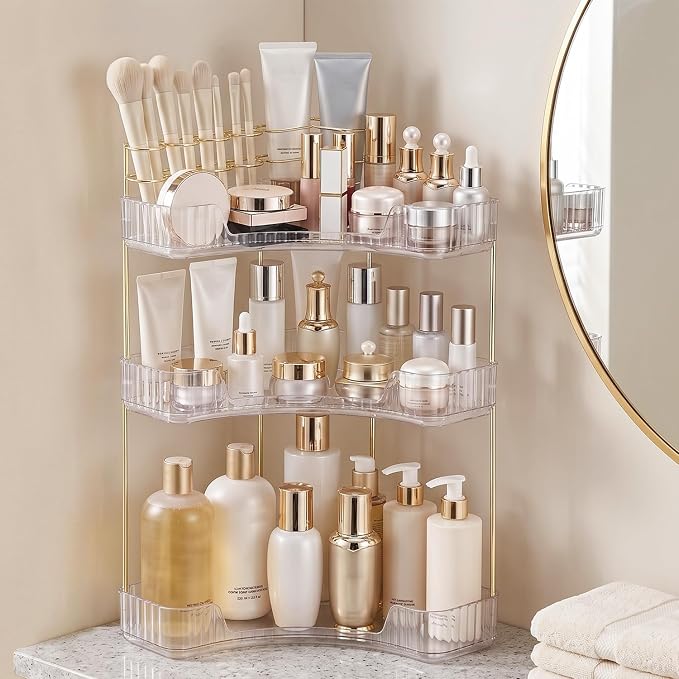 3-Tier Corner Bathroom Counter Organizer with Makeup Brush Holder, Clear | Large Makeup Organizers for Vanity, Corner Bathroom Countertop Organizer for Cosmetic Perfume Skincare Storage