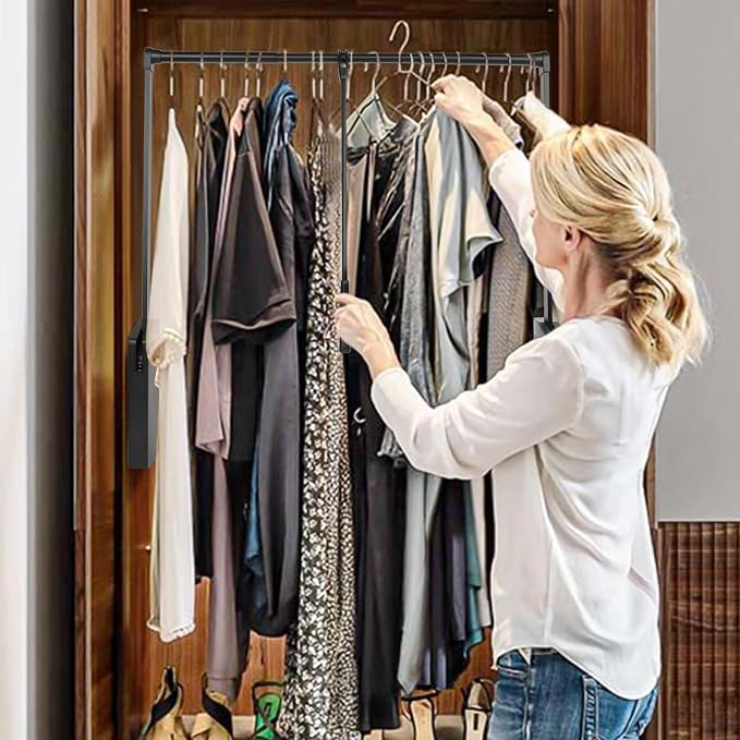 Pull Down Closet Rod, Adjustable 35''-47.6'' Wardrobe Lift Rail Organizer | Side Mounted Two-way Buffering Closet Poles for Hanging Clothes, Heavy Duty Pull Down Clothes Rack, 33 lbs Load Capacity