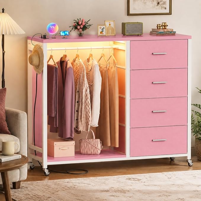 Cyclysio Storage Clothes Rack with 4 Drawers, Garment Rack with Charging Station & LED Lights, Fabric Chest Shelves Clothing Rack, Wooden Portable Wardrobe Closet