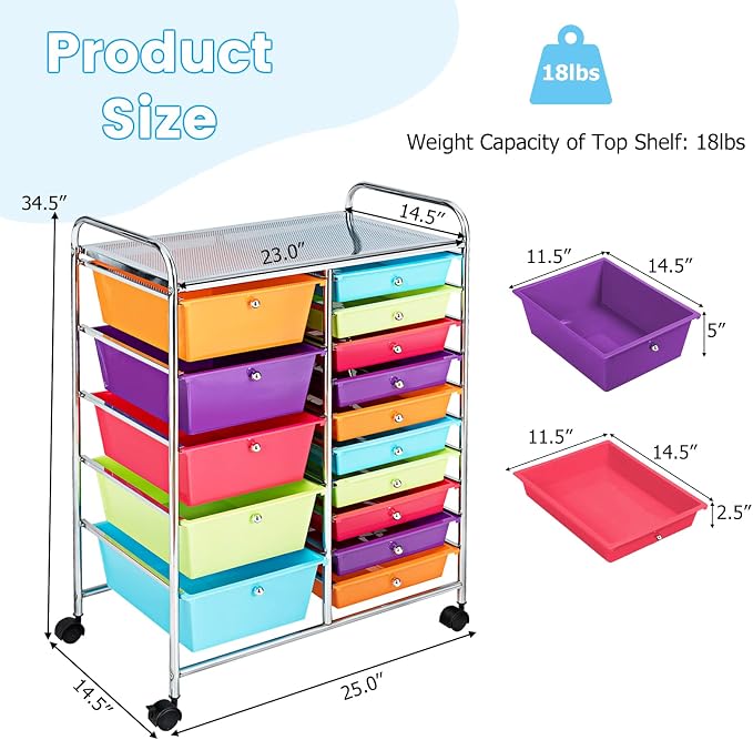COSTWAY 15 Drawer Rolling Storage Cart, Mobile Storage Organizer | Removable Drawers & Metal Frame, Multipurpose Utility Tools Paper Organizer on Wheels for Home, Office (Multi-color)