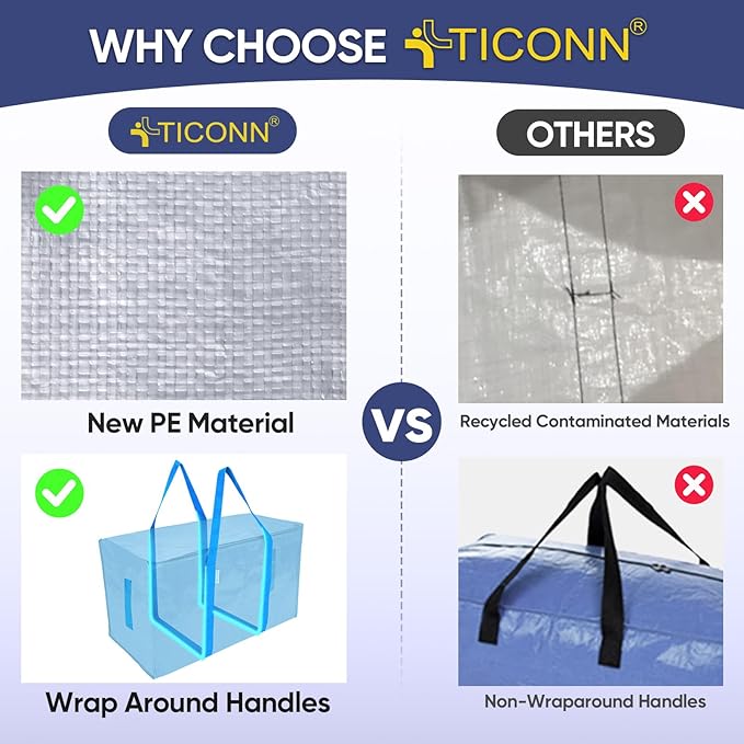 TICONN 2 Pack Extra Large Moving Bags Heavy Duty with Zippers & Carrying Handles, Durable Storage Bags Moving Boxes for Closet Organizers and Storage (2 Pack, Sky Blue)