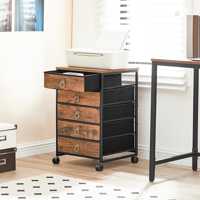 HOOBRO 5-Drawer Chest, File Cabinet, Office Cabinet with Drawers, Rolling Printer Stand for Living Room, Home Office, Nonwovens Drawer, Easy Assembly, Rustic Brown BF50WJ01