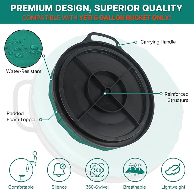 5 Gallon Bucket Seat for YETI Bucket Only, 360-Degree Swivel Bucket Lid Seat, Bucket Lid Cushion 5 Gallon for Fishing, Hunting, Tool Organizer, Car Washing, Gardening, Baseball