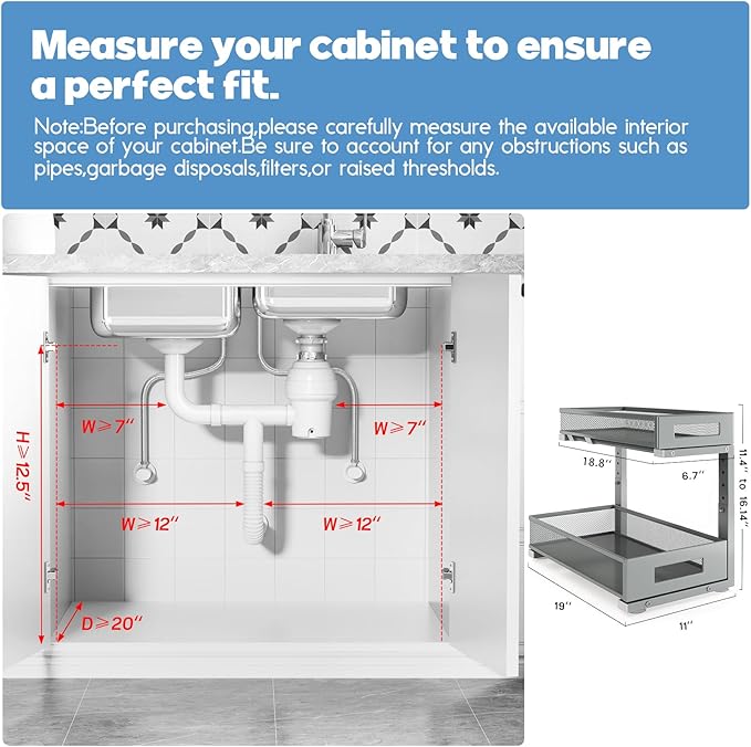 1 Pack 19IN Depth Under Sink Storage Organizer, Large 2-Tier Elegant Mesh Pull Out Shelf for Kitchen and Bathroom Cabinet Organization, L-Shaped and Adjustable Height Design-Gun Gray