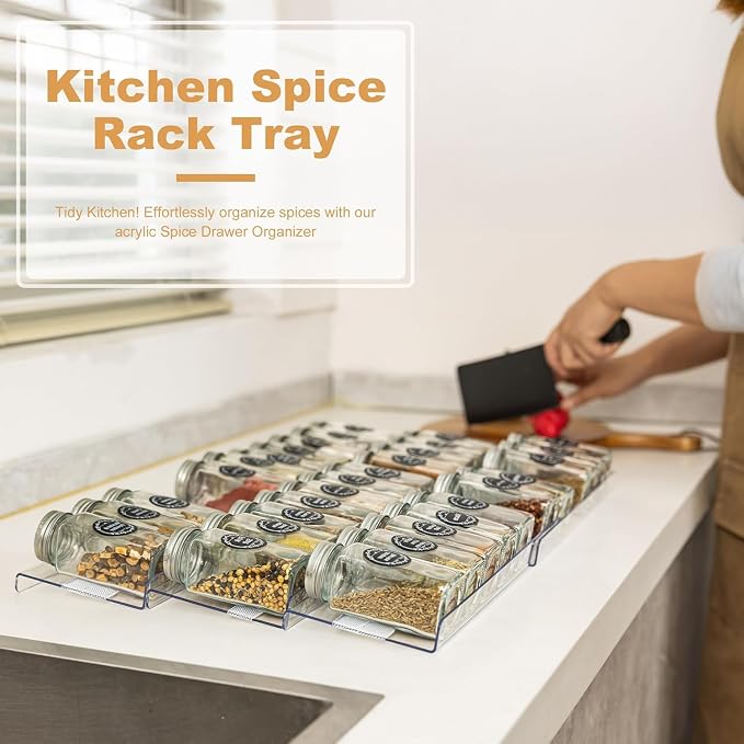 Expandable Spice Drawer Organizer Insert, 6-Pack Kitchen Adjustable Seasoning Rack Tray (13" to 26"), Clear Acrylic with Anti-Slip Mat, for Cabinet Countertop (Jars Not Included)