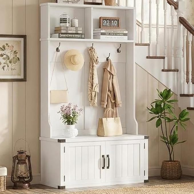 Garvee Farmhouse Hall Tree with Bench and Shoe Storage, 77" Tall Entryway Hall Tree w/ 5 Tri-Hooks Coat Rack, Mudroom Rack w/Bench & Door, Adjustable Shelf, 2 Top Cubbies Storage, Space Saving, White