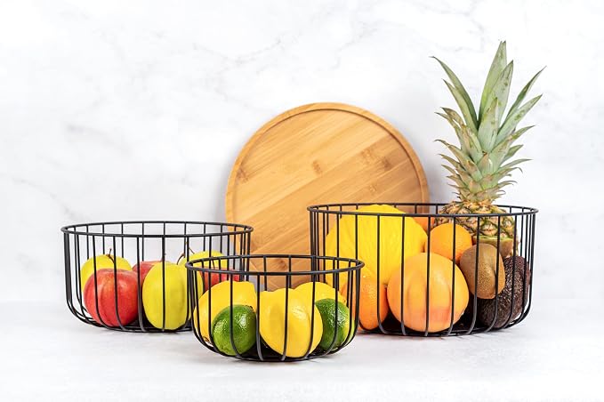 Fruit Basket for Kitchen Counter Set of 3 - Large Stackable Baskets with Bamboo Lid - Fruit Bowl, Perfect Holder For Fruits and Vegetable Storage -Keep Your Countertop Classy, Tidy and Slightly Fruity