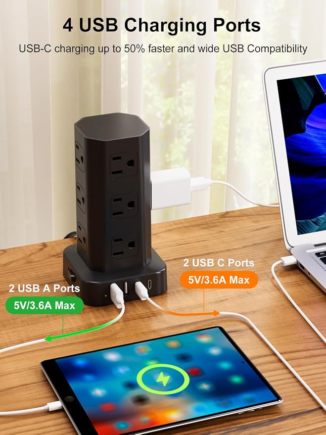Power Strip Tower Surge Protector, 10FT Flat Plug Extension Cord with Multiple Outlets, 12 AC Outlets 4 USB (2 USB C), Desktop Surge Protection Tower for Home Office Dorm Room, Black