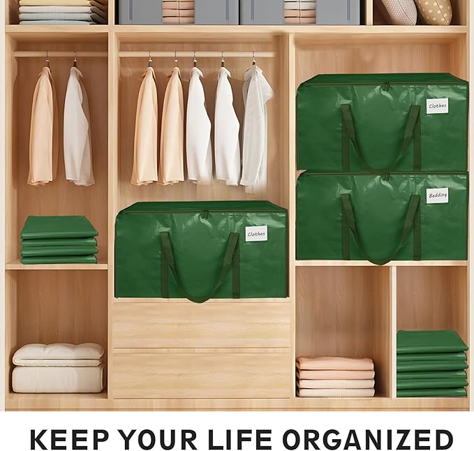 4 Pack-Extra Large Heavy Duty Moving Bags - Waterproof Storage Totes with Handles & Zippers, Foldable for College Dorm, Storage (olive green)