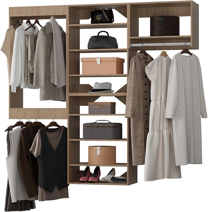 ROOMTEC Modular Closet System, 96" Wall-Mounted Closet Organizer with Hanging Rods, Modern Wooden Tower for Walk-In Closets, Wardrobe Storage Kit, Wood