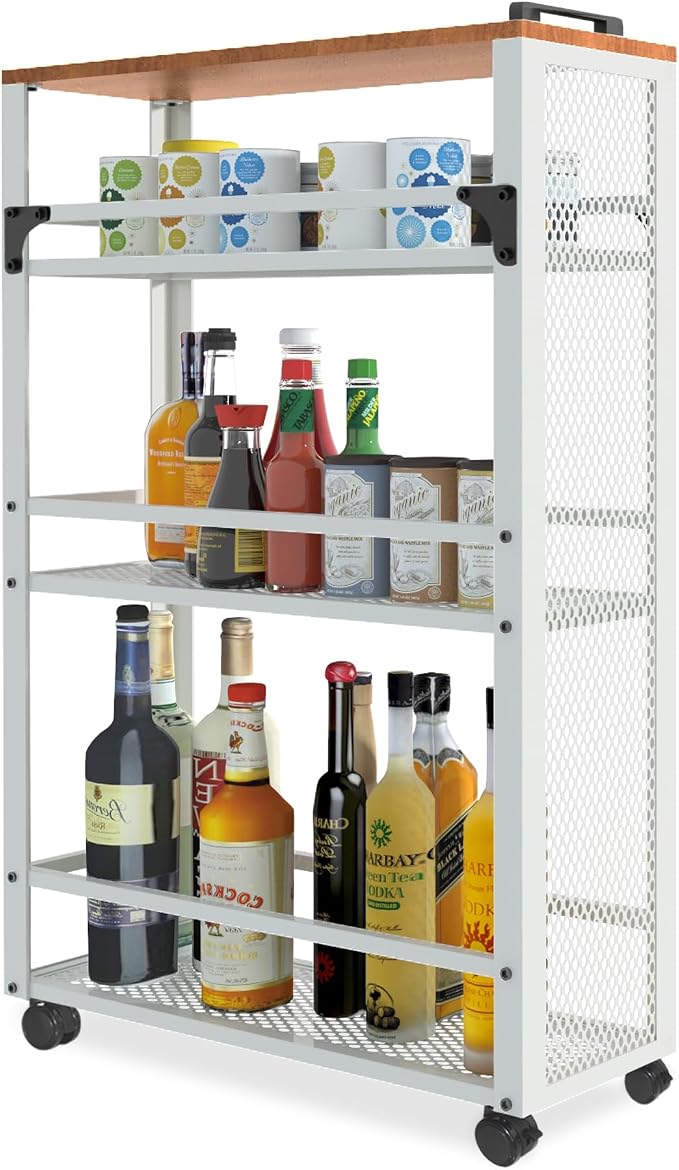 2026 New, Slim Kitchen Storage Cart, 3 Tier Metal Rolling Utility Cart Mesh Basket, Multifunction Wire Basket Shelf Trolley for Home Laundry, Bathroom, Living Room, White