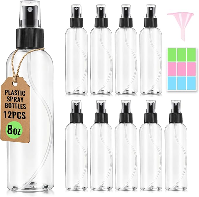 12 Packs 8 oz Clear Plastic Spray Bottles, Black Fine Mist Sprayer | Refillable Empty Bottles with Cap, For Essential Oils, Perfumes, Travel, Cleaning Solutions, With Labels & Funnel