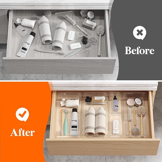 Lifewit 12 Pcs Large Bathroom Drawer Organizers, 3 Sizes Clear Plastic Storage Organizer Trays for Make Up, Kitchen Utensils, Vanity Accessories in Bathroom/Office/Dresser Organization
