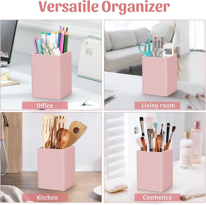 Pen Holder for Desk,Nordic Elegance Square Silicone Pencil Holder Soft Minimalist Desk Pen Cup Stand Waterproof Multifunctional Office Supplies for Home,Kids and School(Pink)