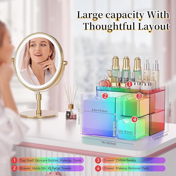 Youdepot Iridescent Acrylic Face Towel Holder with 3 Drawers | Disposable Face Towel Organizer for XL Facial Towels, Cotton Pads, Swabs, Skincare Tools, Bathroom Vanity Countertop