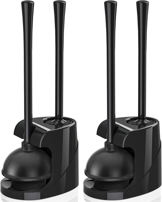 Toilet Plunger and Brush, Bowl Brush and Heavy Duty Toilet Plunger Set with Ventilated Holder, 2-in-1 Bathroom Cleaning Combo with Modern Caddy Stand for 5.7-inch Toilet Drain(Black, 2 Set)
