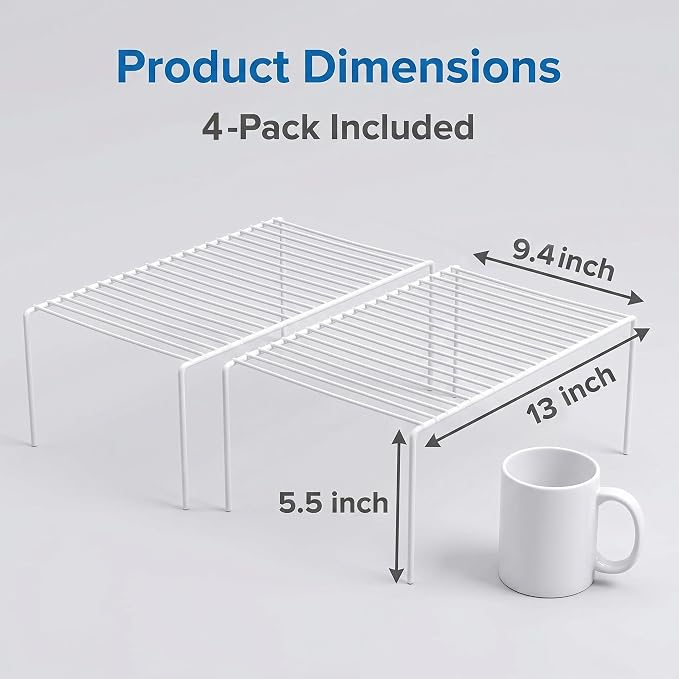 iPEGTOP Set of 4 Kitchen Cabinet Shelf Organizer, Medium (13 x 9.4 Inch) Bathroom Cabinet Organization Wire Shelf Rack, Rustproof Storage Space Saver Shelves for Countertops Pantries Utensils -White