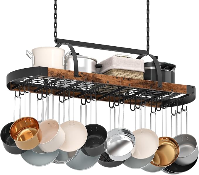 CHOEZON Hanging Pot Rack, Pot Hanger for Kitchen, Ceiling Mounted Pot Holder, Cookware Organizer with 24 S-Shaped Hooks, for Pot, Pan Storage, Space-Saving, Rustic Brown and Black TPR28BF
