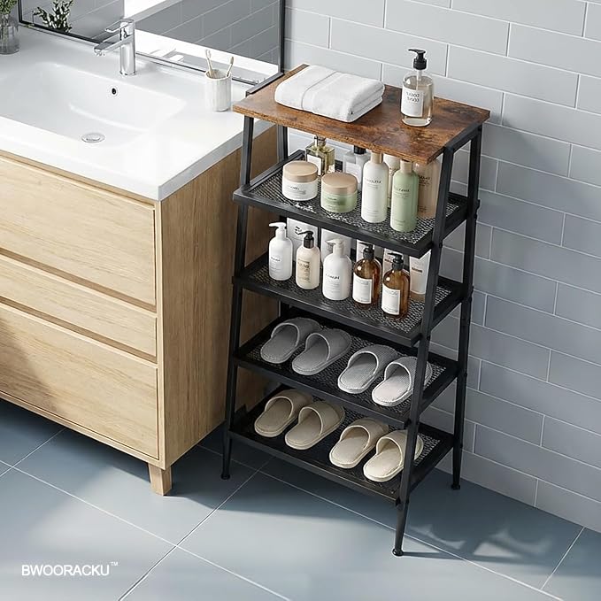 A-Shaped Shoe Rack for Entryway, 5-Tier Shoe Storage Organizer | Wooden Top, Mesh Shelves, Space-Saving Shoe Shelf, Free Standing, 31.97"H, Holds 10 Pairs, for Bedroom, Closet, Rustic Brown