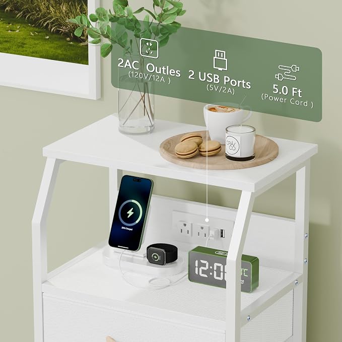Furnulem Night Stand with Charging Station, 28.3 Inch Tall Bedside Table with PVC Drawers, End Table with USB Ports and Outlets, 3 Fabric Drawer Storage Nightstand for Bedroom, 3 Ways to Use, White | 28.3 Inch Tall Dorm Night Stand with fabric Drawers,...