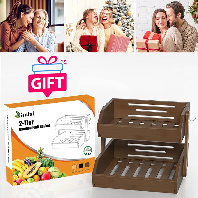 Gmtsl Bamboo Fruit Basket for Kitchen, Fruit Holder for Kitchen Countertop | 2 Tier Fruit bowl for Kitchen Counter, Fruit Stand, Vegetable Basket Storage, Produce Organizer, Bread Snack Display(WALNUT)