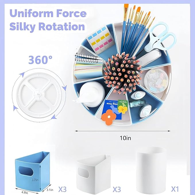 Rotating Art Supply Organizer Storage Caddy for Kids, 7 Bins Craft Crayon Marker Organizers for School Desk, Lazy Susan Pencil Holder for Classroom Organizations (blue and white)