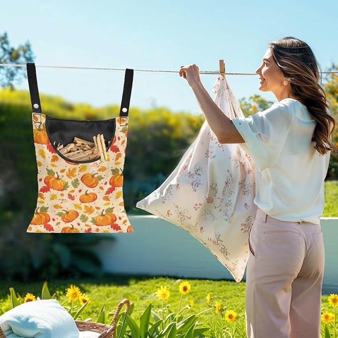 Maple Leaf Clothespin Bags Pumkpin Laundry Hanging Storage Organizer Clothes Pin Hanging Bags with Rope Clothespin Holder with an Space-Saving Opening for Clothesline Outdoor