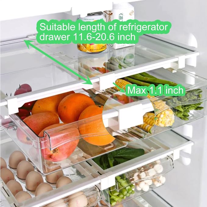 2 Pack Fridge Drawer Organizer - Egg Holder For Refrigerator Pull Out | Transparent Deli Drawer Organization Bin - Meat, Cheese - Sliding Storage Containers for Fridge Shelf Under 1.1"