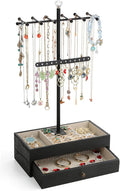 Meangood Jewelry Organizer Stand, 3-Tier Necklace Holder Jewelry Tree with Wooden Storage Drawer Box for Necklace Bracelet Earring Ring,Black