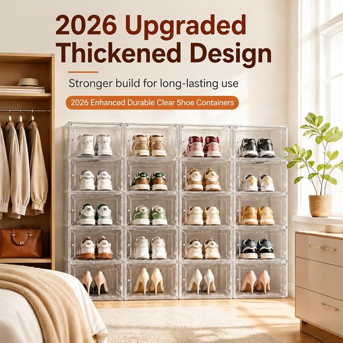 Clear Shoe Storage Boxes,2026 2nd Gen Thickened Hard Plastic Stackable Organizer with Magnetic Door,Folding Shoe Racks for Closet,Large Sneaker Display Cases for Sneakers and Ankle Boots,6 PCS