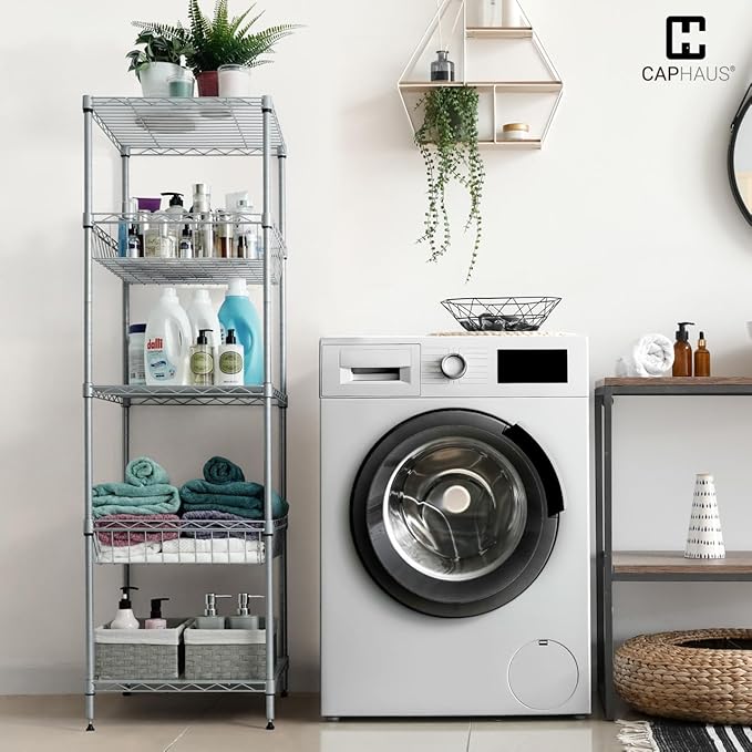 CAPHAUS NSF Adjustable 5 Tier Wire Shelving Unit w/Basket & Liner, Metal Storage Rack Corner Shelves, Storage Rack for Kitchen, Bathroom, Laundry Closet, Metal Wire Shelving w/Basket Shelves Silver