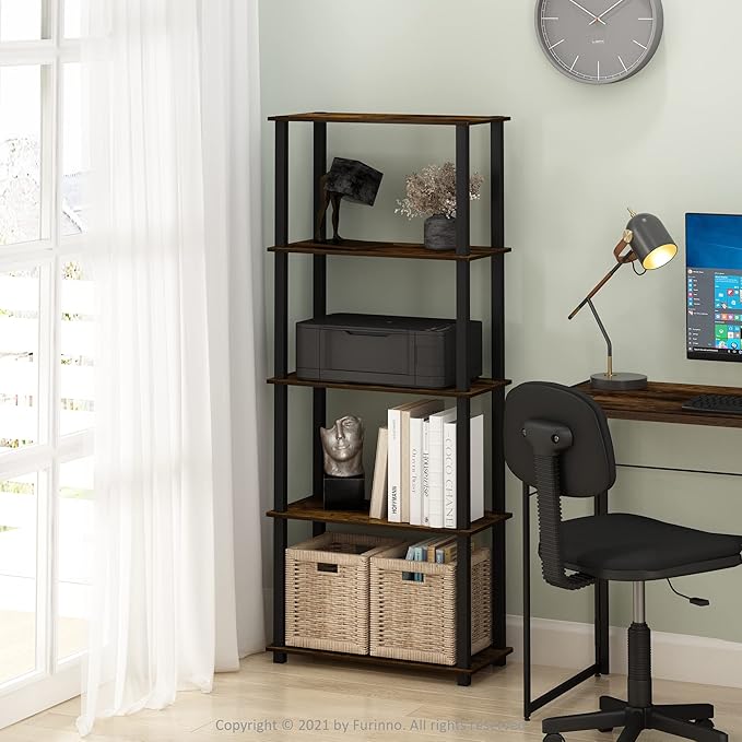 Furinno Turn-S-Tube 5-Tier Multipurpose Shelf Display Rack with Square Tubes, Amber Pine/Black