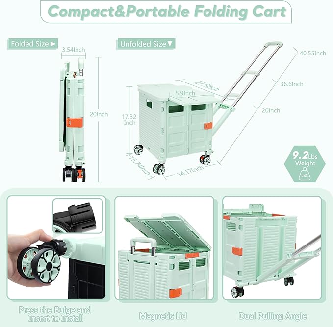 FELICON SELORSS Folding Utility Cart Rolling Crate Tote Basket Box Storage Handcart on 4 Swivel Wheels with Adjustable Handle Extended Magnetic Lid for Teacher Move Shop Travel Grocery Office(Green)