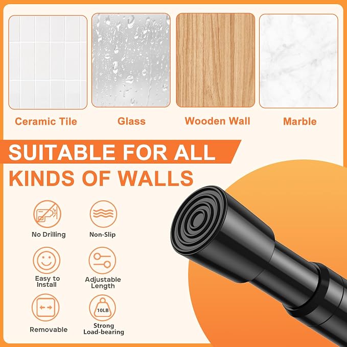 Tension Curtain Rod 26-39 Inch No Drilling Spring Loaded Curtain Rods Adjustable Extendable Tension Rods for Window Closet Bookshelf Kitchen Bathroom, Black