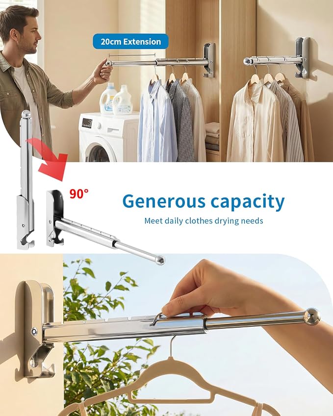 BaiNong Pull Out Wall Mounted Clothes Drying Rack Silver 13" Foldable 2Pack | Laundry and Drying Solutions for Small Spaces Easy to Install
