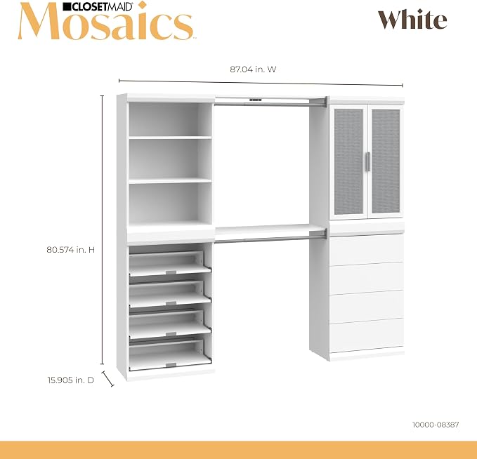 ClosetMaid Mosaics Storage Organizer Kit Includes; (1) Shelf & Door Unit, (1) 3-Shelf Unit, (1) Shoe Shelf Unit, (1) 4-Drawer Unit, and (2) Shelf & Rod Units, White