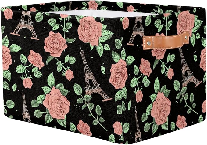 Rectangular Storage Bins Pink Rose Eiffel Tower Pattern Collapsible Fabric Storage Basket Organizer with Handles for Nursery Bedroom Bathroom