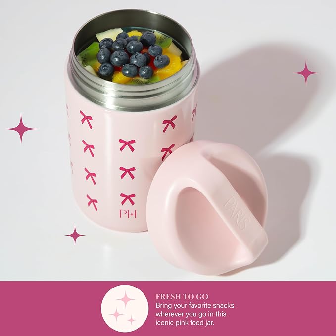 Paris Hilton Stainless Steel Food Jar, Double Wall Vacuum Sealed Insulated Food Storage Container with Carry Handle Lid, 16-Ounce, Pink with Bow Design