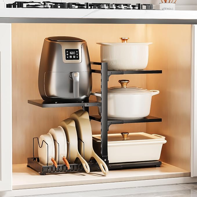 PureBox Pots and Pans Organizer Rack with Lid Holder – 8 pots, Solid Steel Shelves Heavy Duty Adjustable Under Cabinet Pot Rack, Double-Sided Cabinet Organizer, Black