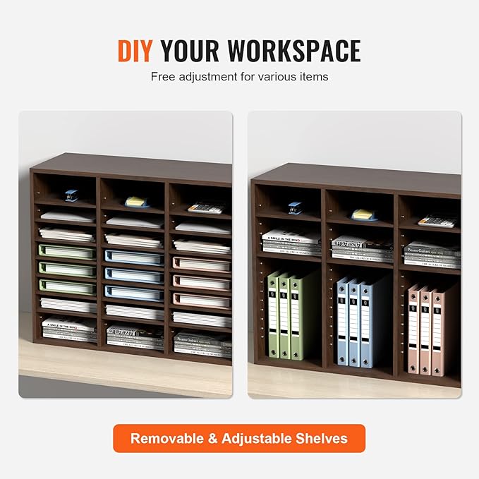 VEVOR 24 Compartments Office Mailbox, Adjustable Shelves, Wood Literature Sorter 29x12x24.4 inches – Ideal for Office, Home, Classroom, Mailrooms Organization – EPA Certified (Brown)