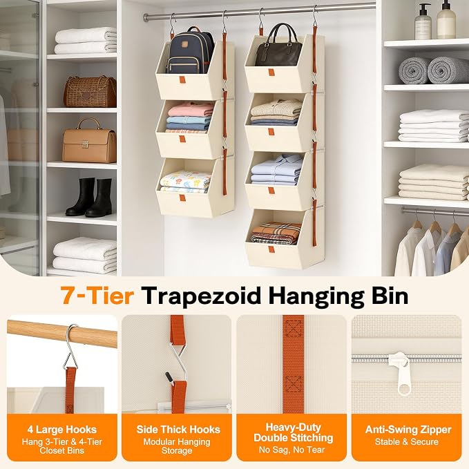 7 Tier Hanging Closet Organizer, Collapsible Fabric Hanging Shelves for Closet with Detachable Bins Space-Saving Hanging Clothes Organizer for Wardrobe, Laundry Room, Dorm, Rv, Beige