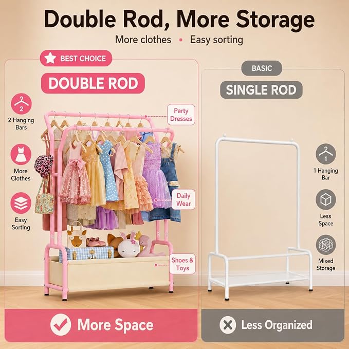 Kids Clothing Rack with Double Hanging Rods and Storage Basket | Child-Height Dress Up Storage for Toddler, Open Kids Closet for Baby Clothes, Costumes, Shoes and Toy, Bedroom Nursery