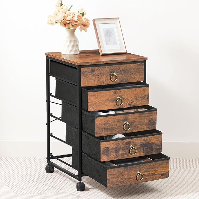 HOOBRO 5-Drawer Chest, File Cabinet, Office Cabinet with Drawers, Rolling Printer Stand for Living Room, Home Office, Nonwovens Drawer, Easy Assembly, Rustic Brown BF50WJ01