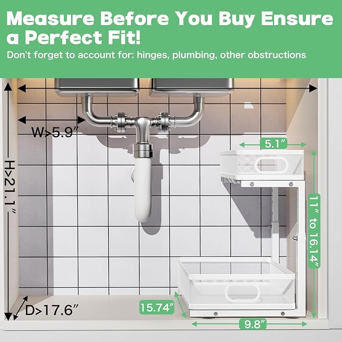 Under Sink Organizer 2 Pack, High Adjustable 2 Tier Under Sink Organizers and Storage, Slide out Metal Cabinet Organizers, Pull out Storage Drawer Shelf for Kitchen Bathroom Cabinet