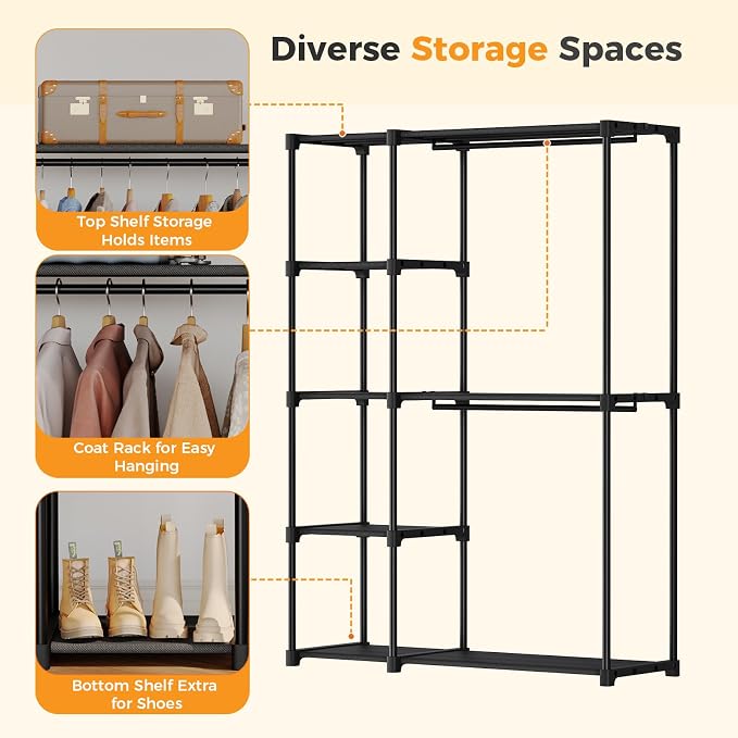 OLIXIS Heavy Duty Clothes Rack, Portable Wardrobe Closet, 49" L, Black | Freestanding Closet Organizer with Hanging Rods, Clothes Rack with Shelves, for Cloakroom, Bedroom