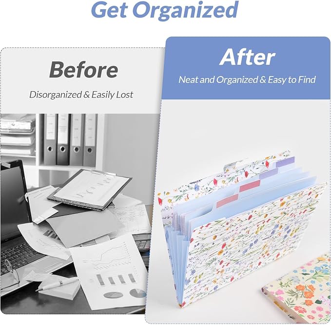 SKYDUE Accordion File Organizer, Floral Expanding File Folders with 5 Pockets, Cute Document Organizer for Paper Bills Receipt Storage, School Office & Hospital Supplies Letter/A4 Size Fresh White